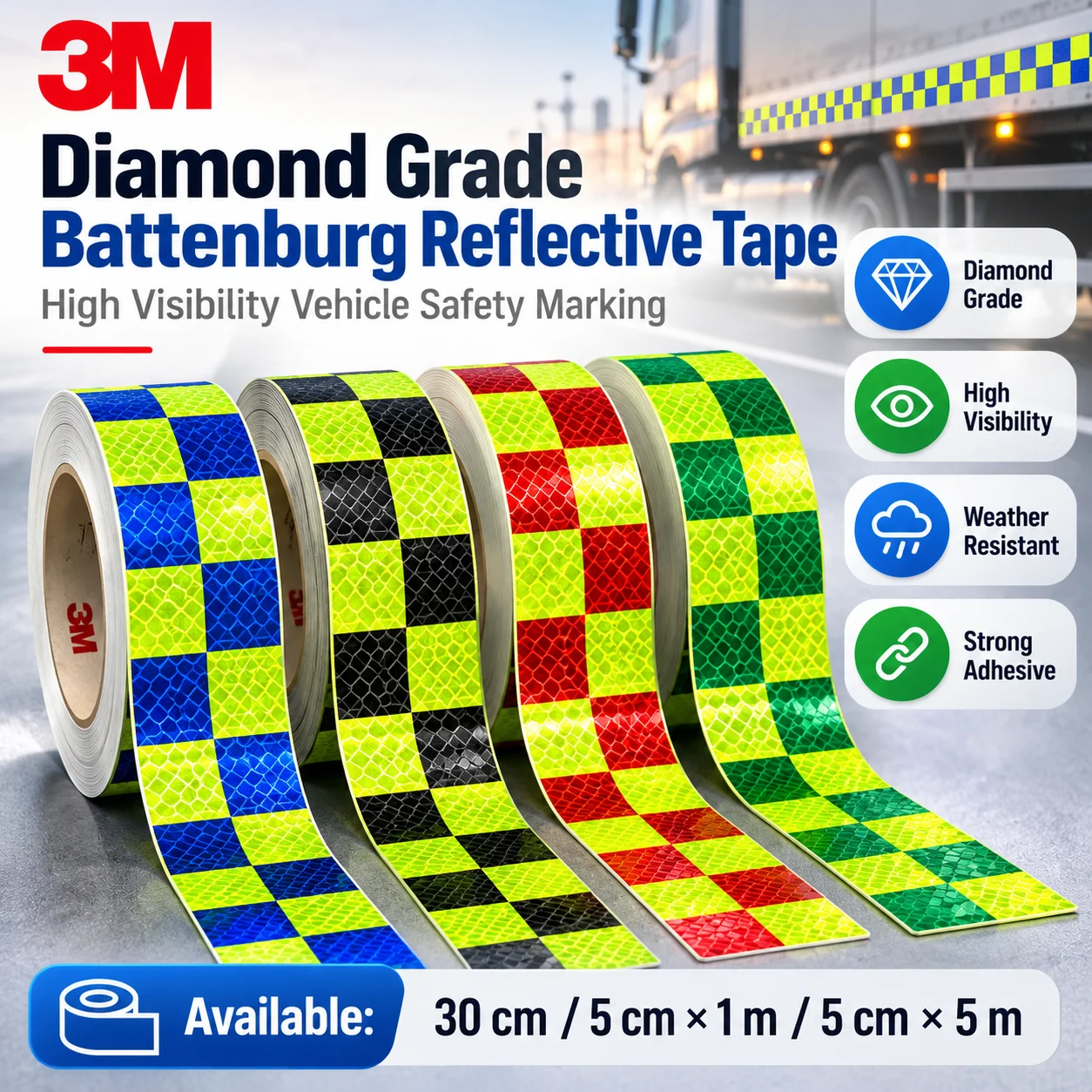 3M Diamond Grade Battenburg Reflective Tape High Visibility Weather Resistant for Truck Vehicle Safety Marking 5cm x 30cm/1m/5m