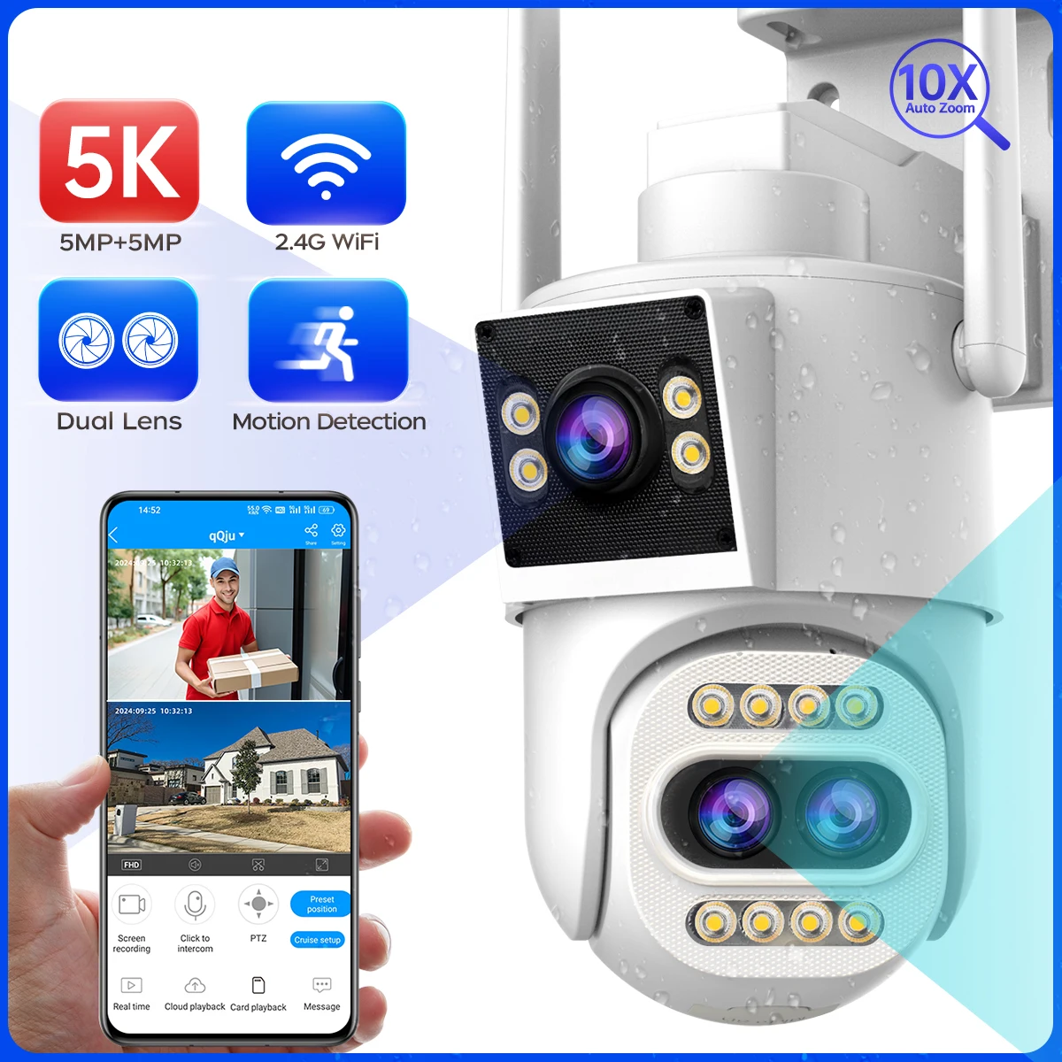 5K 10MP HD IP Camera Outdoor Three-Lens External WiFi Camera 10X ZOOM Dual Screen Auto Tracking CCTV Audio Video Surveillance