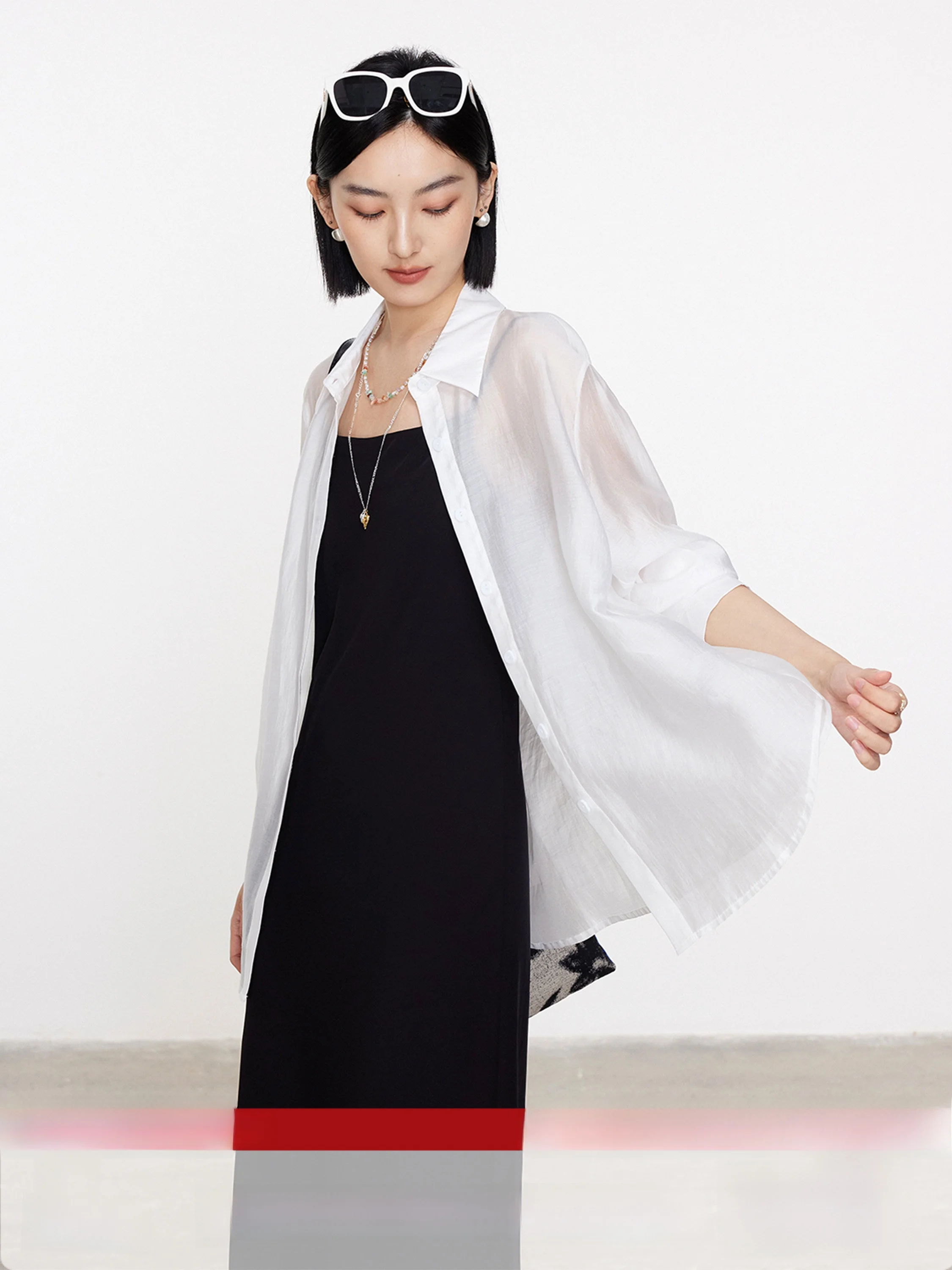 

XUS Pumen White Long Sve Open Cardigan irt Women's Summer Lightweight Commute Loose Casual Sunscreen irt