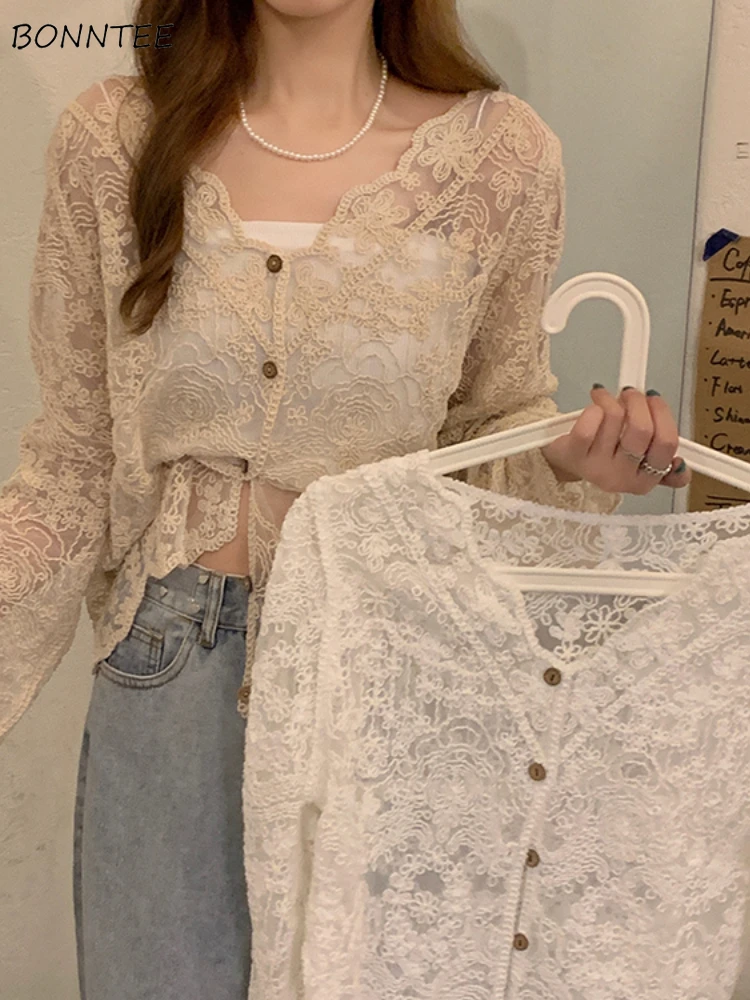 

Lace Shirts Women Korean Fashion Vintage Aesthetic Clothing Floral Spring Autumn Niche Elegant Temper Ulzzang Chic Daily Ins