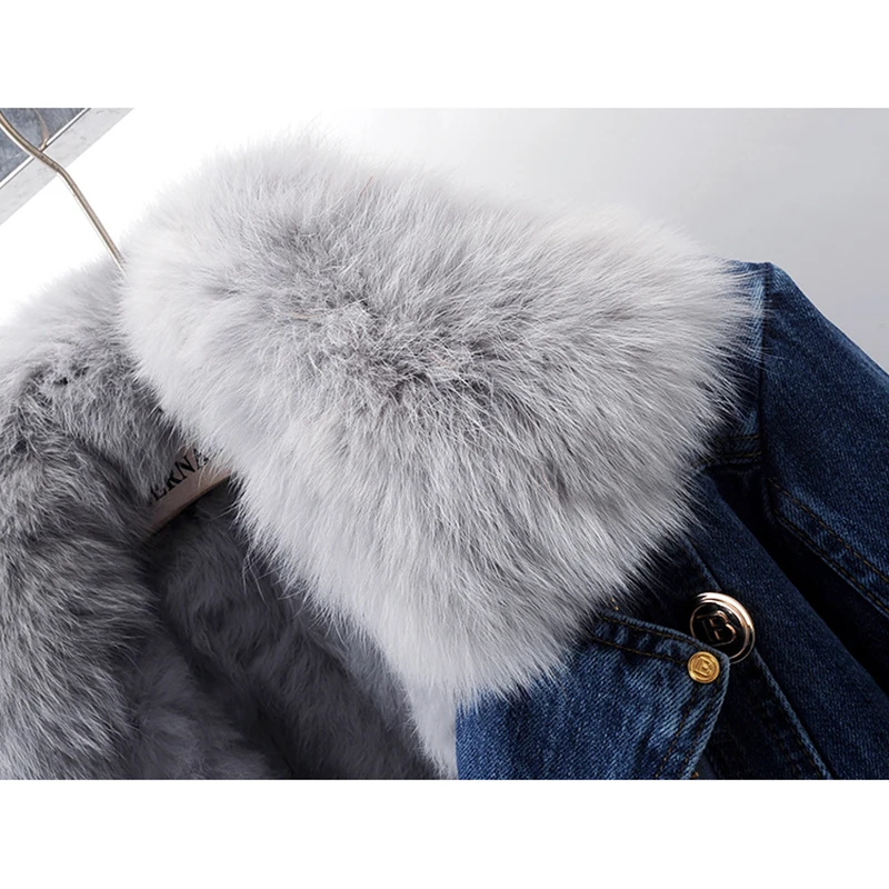 Winter Thick Real Fox Fur Collar Rabbit Fur Denim Jacket Women Hem Belt Zipper Cowboy Outerwear Loose Short Jeans Jacket Female