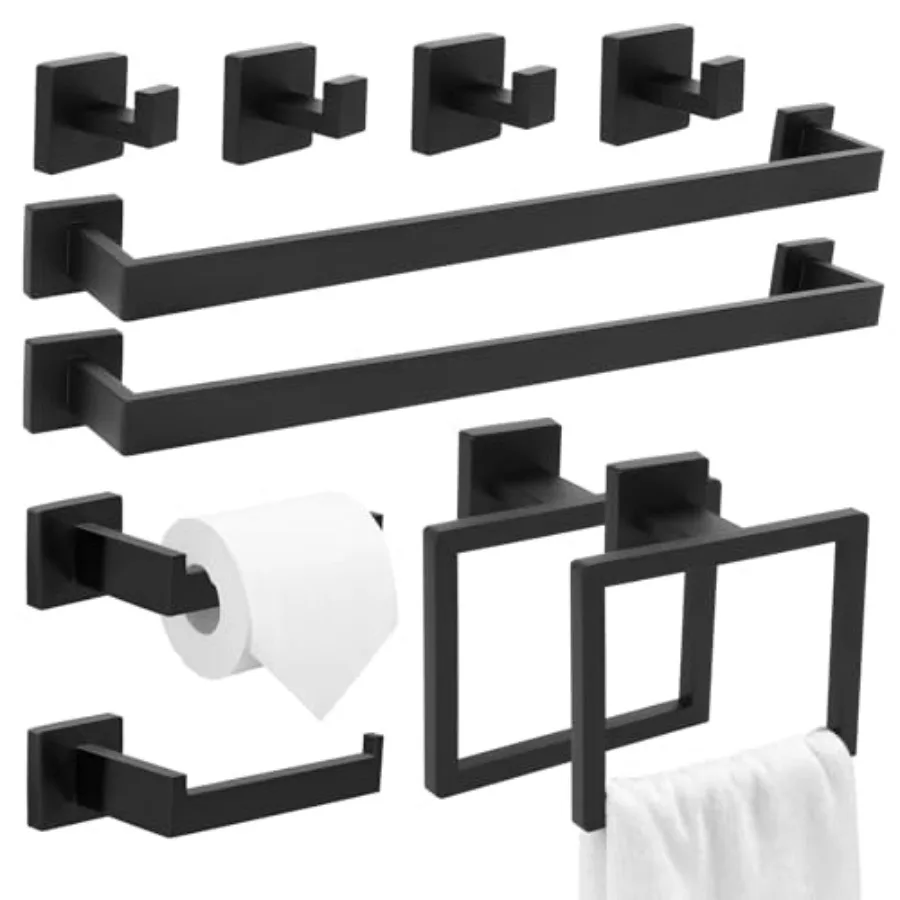 

Bathroom hardware set: 304 stainless steel, black, wall-mounted towel bar kit with racks, rings, hooks, and paper holder for mo