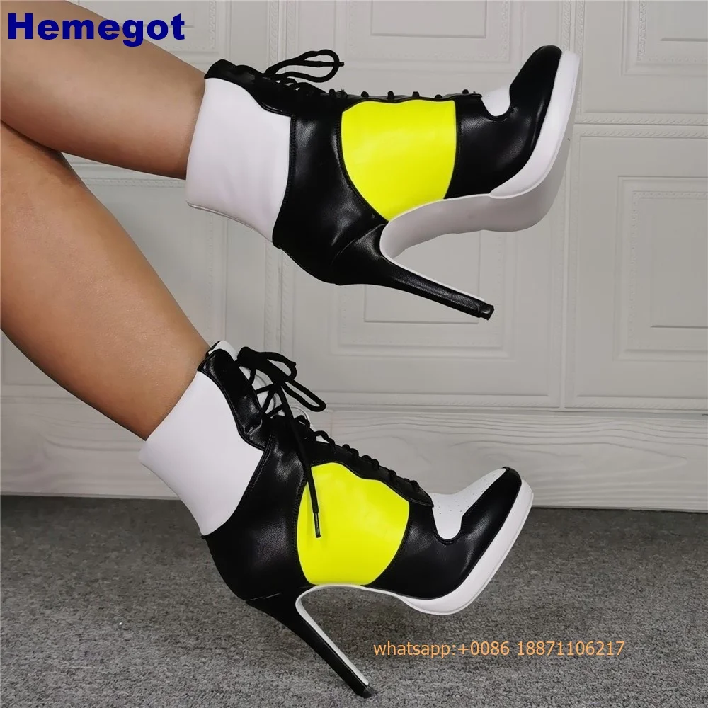 Sports Lace Up Women\'s Short Boots 2024 Thick Sole Round Toe Mixed Color Stilettos Autumn Winter New Street Style Casual Rock Bo