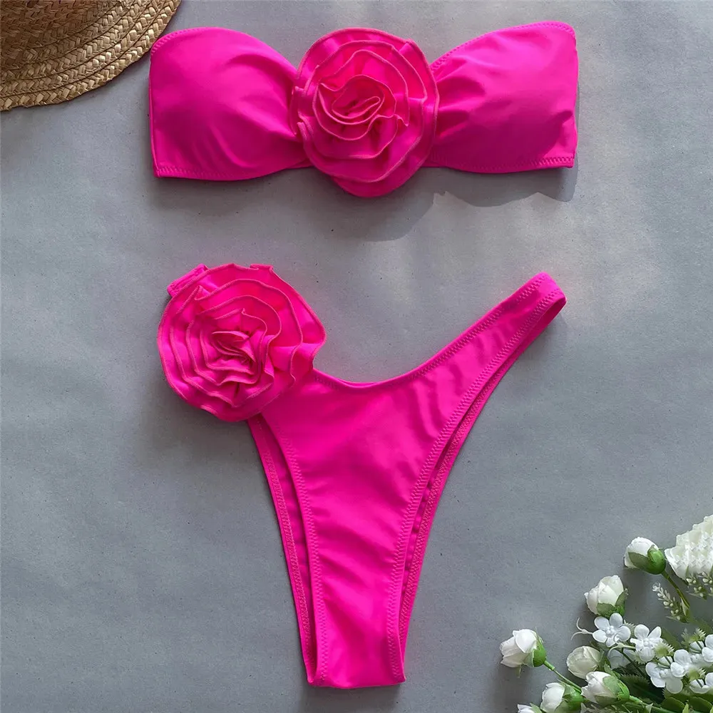 3D Flower Bandeau Bikinis Sets Swimwear Thong Sexy Swimsuit Women High Cut Bathing Swimming Wear Suit Bikinis 2026 De Muejr