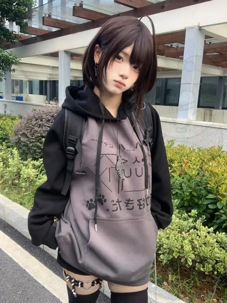 Sweet Cartoon Print Anime Hoodie Grunge Aesthetics Y2k Women Streetwear Tops Patchwork Hooded Pullover Loose Casual Jacket New