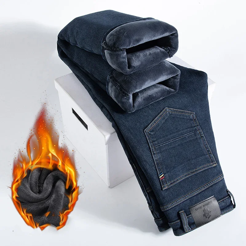 

Winter Men's Slim Loose Straight Elastic Denim Pants Casual Clothing Fashion Plush Thickening Trousers Fleece Thick Warm Jeans