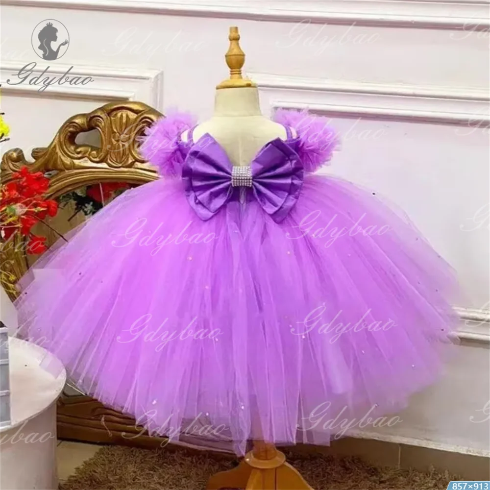 Lila Kinder Geburtstags kleider Blumen mädchen Kleider Satin Bogen Rüschen abgestuften Tüll Ball Hochzeit Erstkommunion