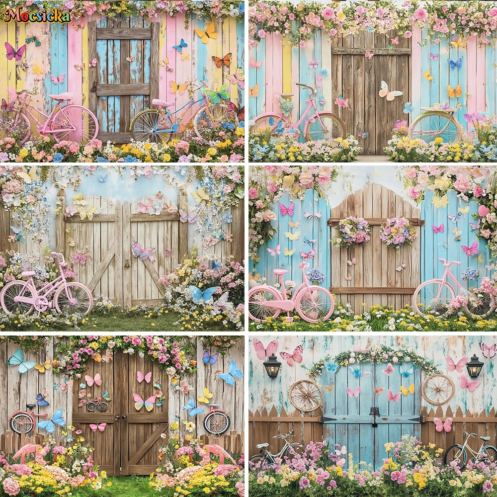 

Mocsicka Spring Easter Background Photography Garden Butterfly Wooden Door Fence Backdrop Girl Kids Birthday Photozone Studio