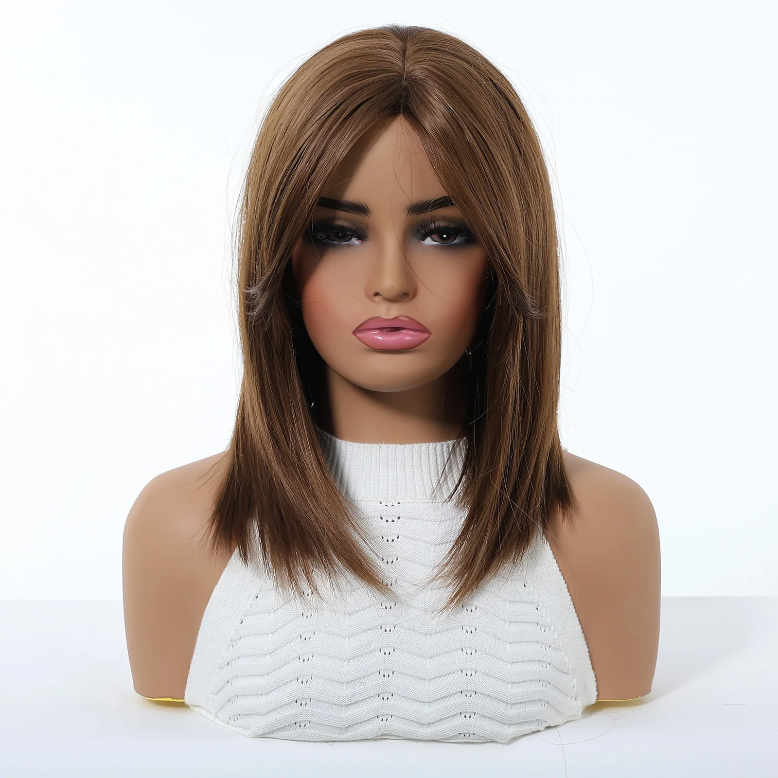 Halloween Synthetic Wig Medium Straight Shoulder Length Brown Wigs with Bangs Layered Natural Heat Resistant Fiber Hair for Women Party Cosplay Daily Use 14 Inch Halloween Costume Dress Up Anime Party Hair Accessories High Temperature Synthetic Hairpiece