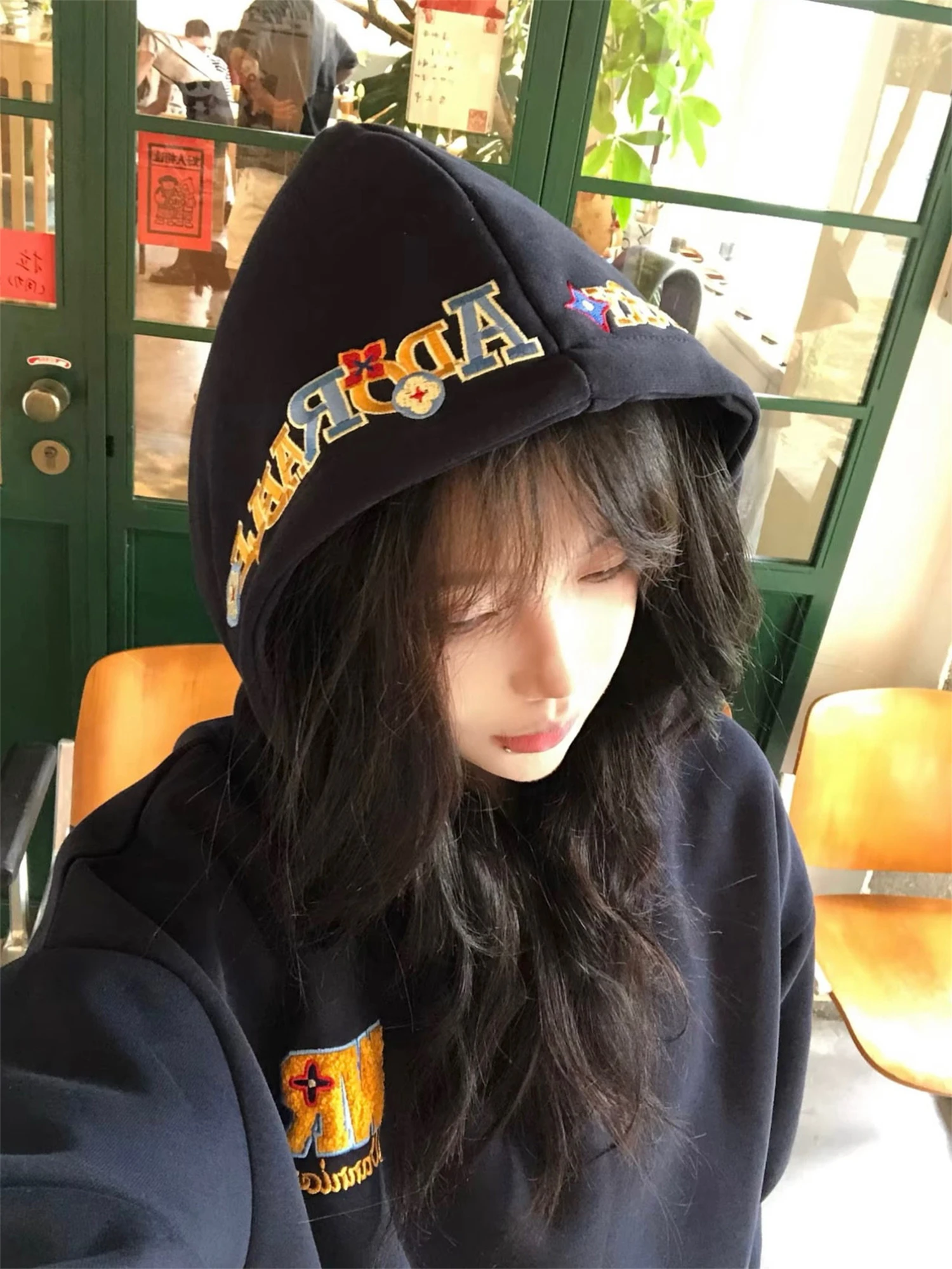 Y2K Oversized Hoodie Women Embroidered Letter Hood Cute Pullover Sweatshirt Long Sleeve Loose Fit Pocket 2000s Kawaii