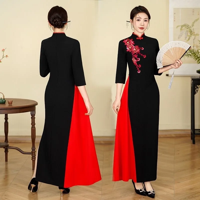 

Женское традиционное платье Aodai в стиле ретро с цветочной вышивкой, вечернее платье для свадебной вечеринки, Cheongsam, воротник-стойка, Вьетнамская одежда