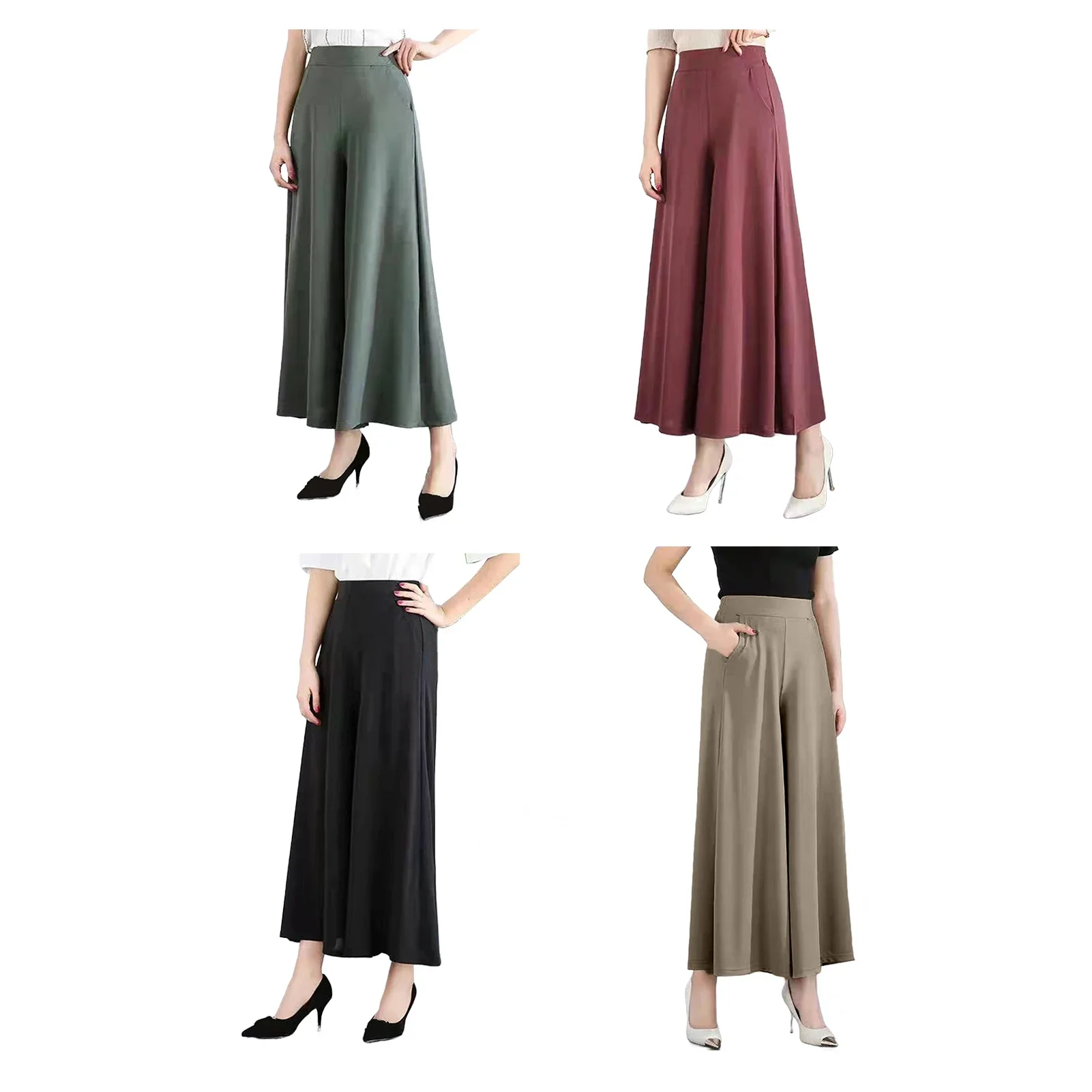 

Solid Color Loose Cut Lady Trousers With Pockets Women's Clothing Women Wide Leg Pants Casual Elastic High Waist Long Pants