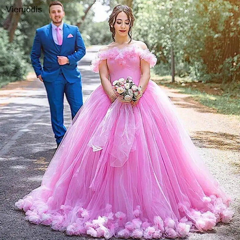 

Puffy Tulle Pink Quinceanera Dress 2021 Off The Shoulder 3D Flowers Pageant Party Princess Sweet 15 Ball Gown With Lace-Up Back