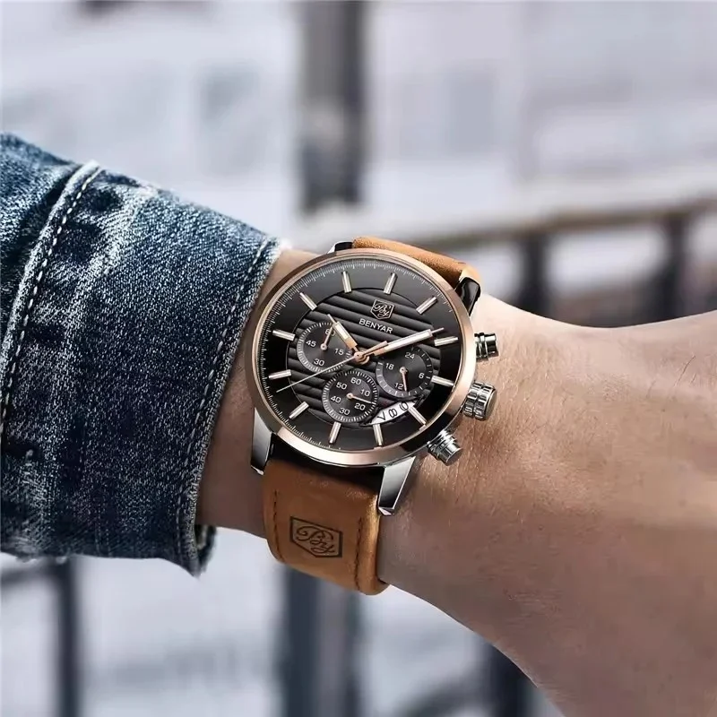 BENYAR 5104 2026 New Fashion Quartz Watch Men's Multi Functional Waterproof Advanced Leather Calendar Chronograph Watch