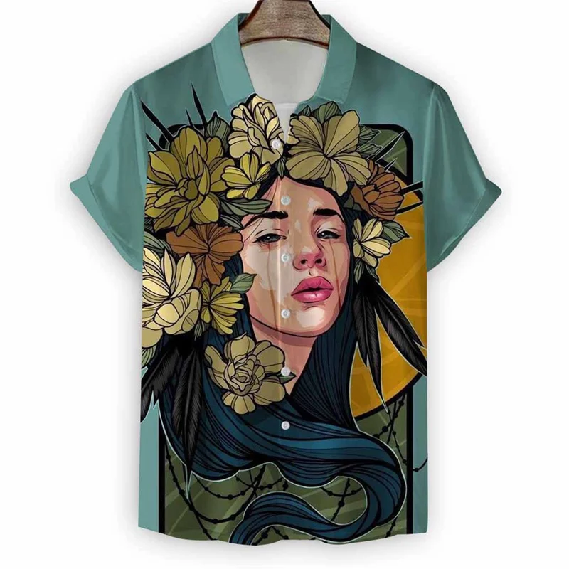 

Fashion Art Ladies Painting Hawaiian Shirt Men Summer Beach Vacation Short Sleeve Tops Women Button Tees 3d Print Lapel Blouse