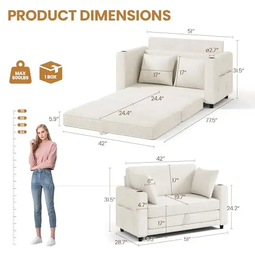 Convertible Sofa Bed, Loveseat Folding Floor Futon Sleeper Sofa, Pull Out Sofa Bed, Chenille Foldable Couch with