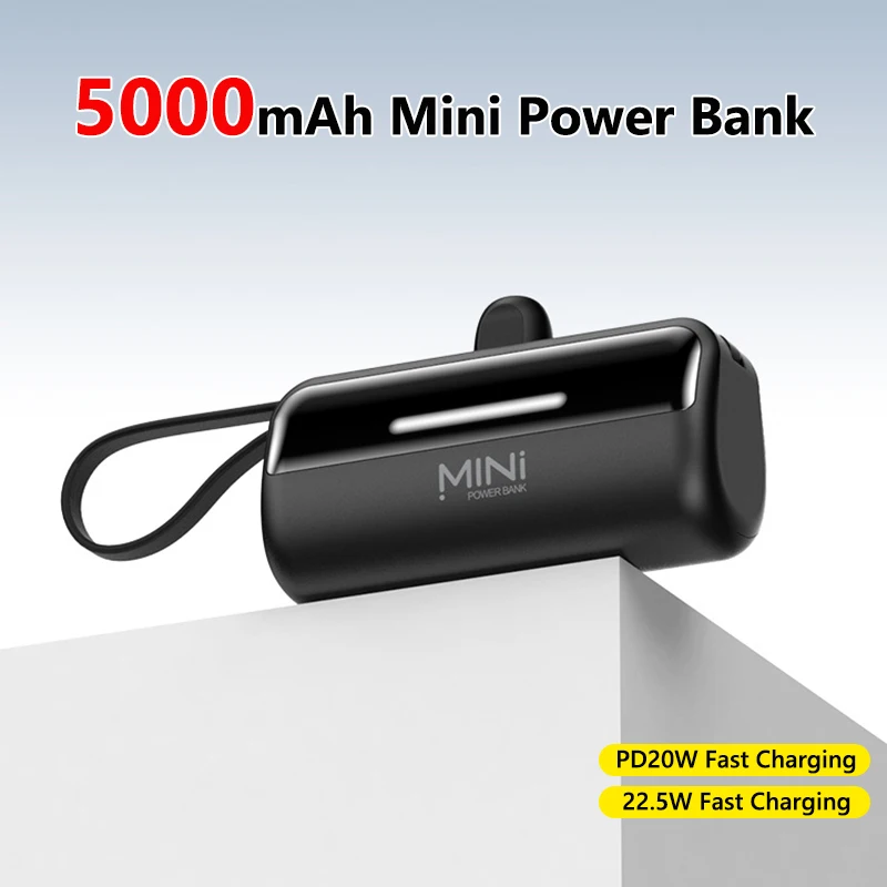 

5000mAh Capsule Power Bank with Cable PD22.5W Fast Charging Mini PowerBank For iPhone 17 Pro 16 Samsung Xiaomi External Battery