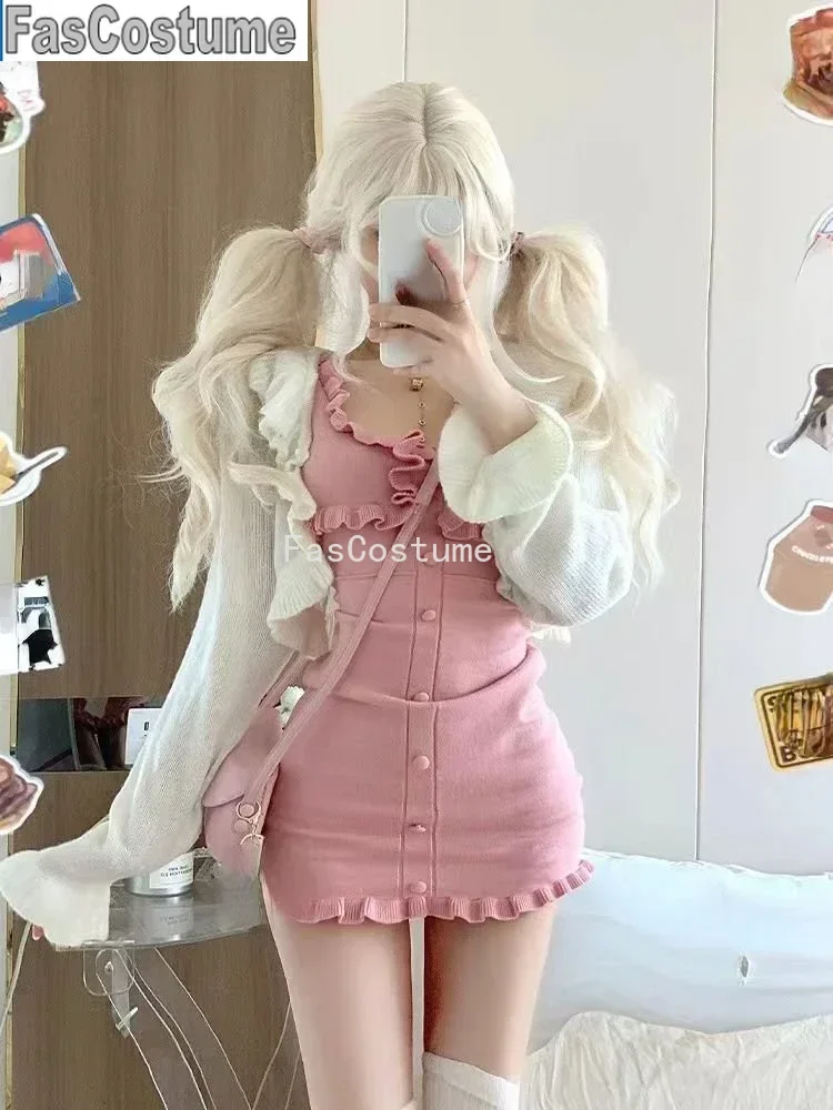 

Y2K Clothes 2 Piece Sets Womens Outfits Cropped Sweater Cardigan Coat Backless Ruffles Bodycon Mini Dress Suit Knit Korean Set