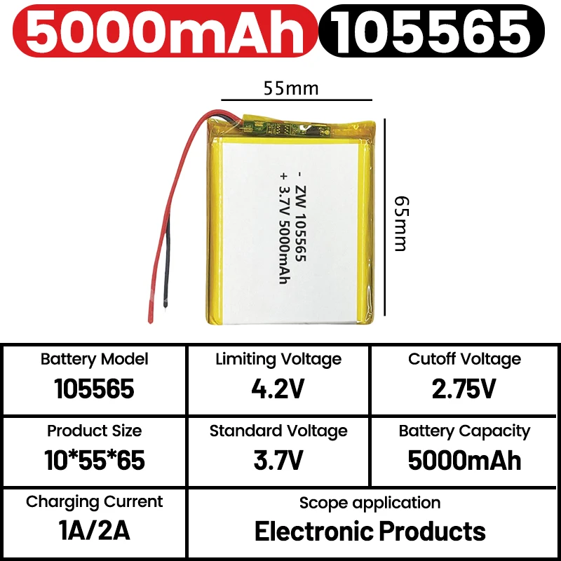 

1-20pcs 3.7V 5000mAh LiPo Battery 105565 105568 for E-book Tablet PC Laptop Power Bank Video Game GPS DVD Lithium Polymer Batter
