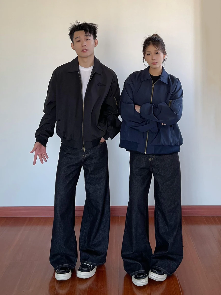 

Cleanfit ort Pilot Jaet Men's Spring Autumn Couple's Baseball Sle Workwear Flip Collar Polyester Fiber Zipper Closure