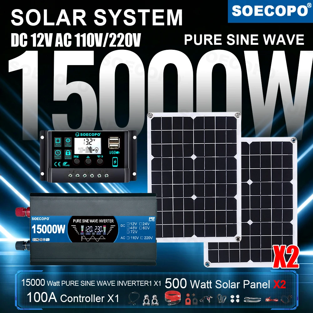 

High Stability Quiet SOECOPO 15000W Solar Kit 2 Pieces 500W Panels 100A Inverter for Car Home Farm Boat Remote Area Power Supply