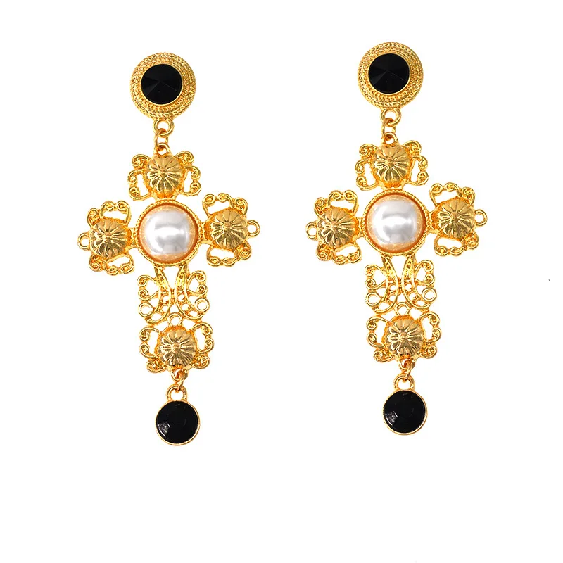 luxurious Golden Baroque Royal Vintage Earrings For Women Cross Pearl Inlaid Pendant Dinner Party New In Fashion Trend Jewelry