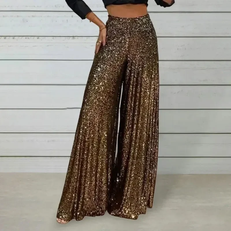 High Waisted Elastic Waistband Straight Leg Full-length Solid Color Women's Pants Club Night Sequin Loose Wide Leg Pants OFE05