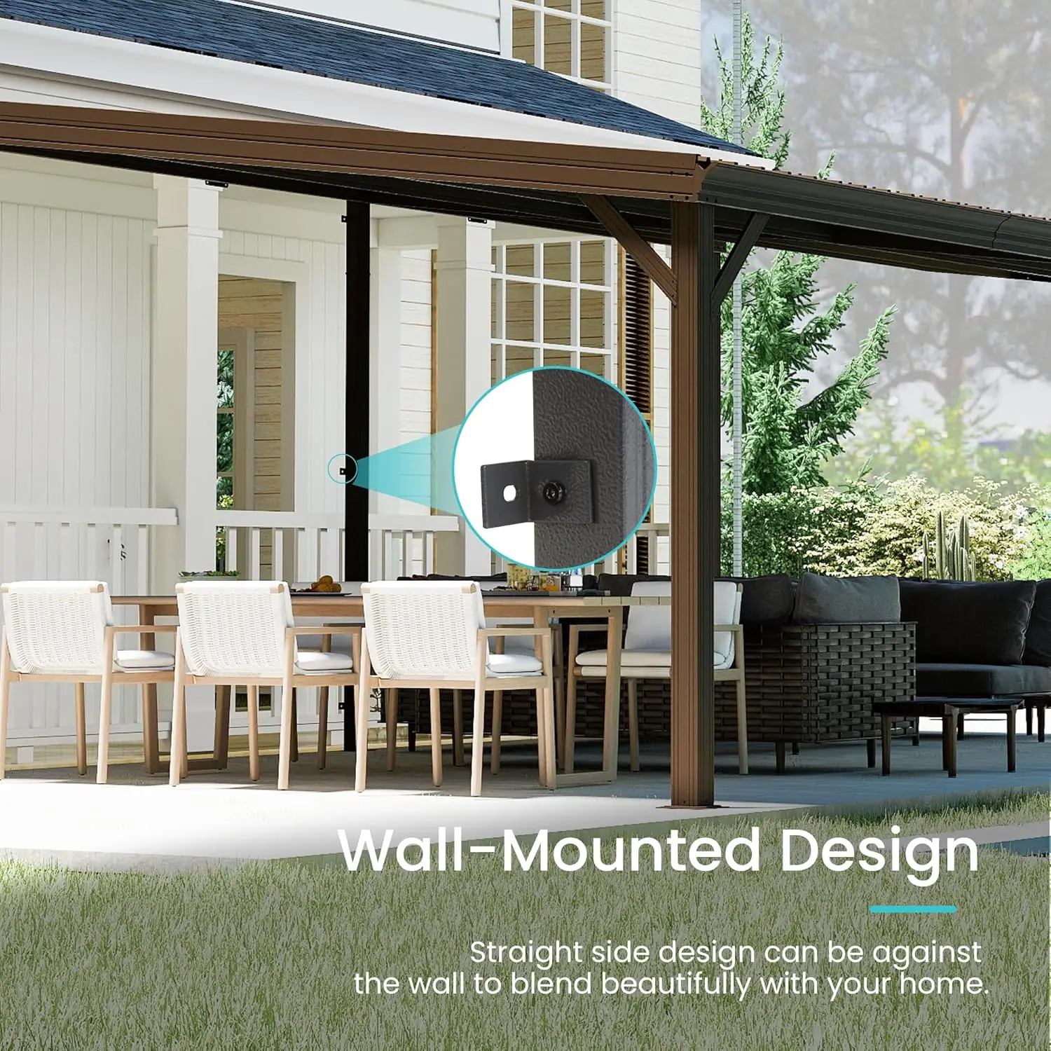 ！@12x20 FT Lean to Gazebo, Wall Mounted Gazebo with Built-in Drainage, Galvanized Steel Roof, Hardtop Patio, Brown view 6