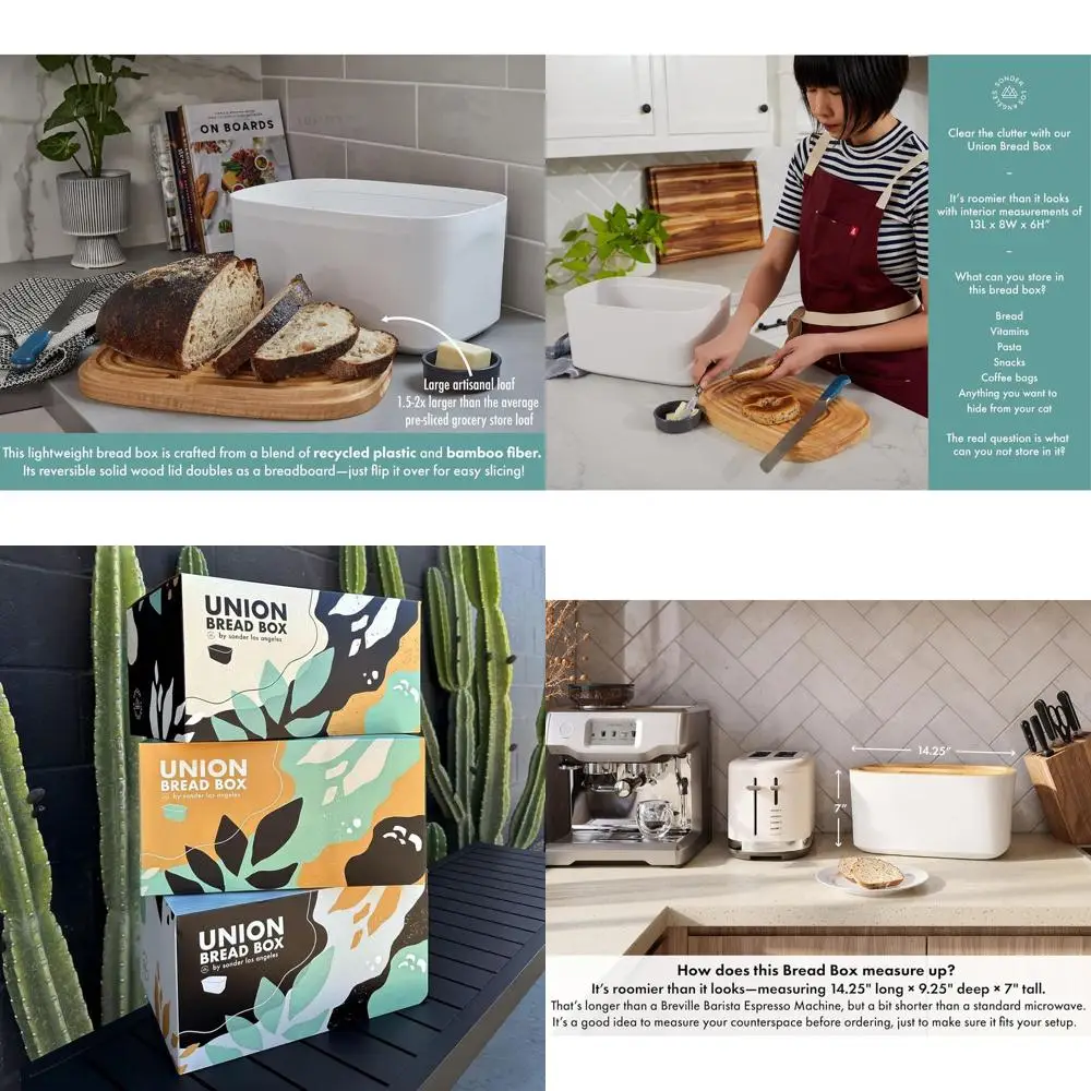 

White Eco-Friendly Bamboo & Recycled Plastic Bread Box with Reversible Cutting Board, Kitchen Countertop Storage, 14.25 x 9.25 x