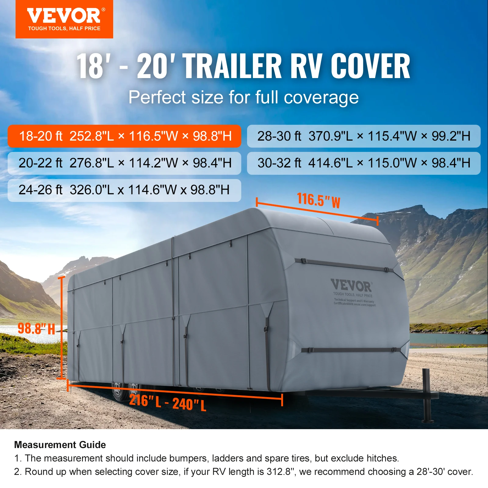 VEVOR Travel Trailer Cover RV Cover Waterproof Windproof 4-Layer Non-Woven Fabric Camper Cover with Storage Bag and Patches