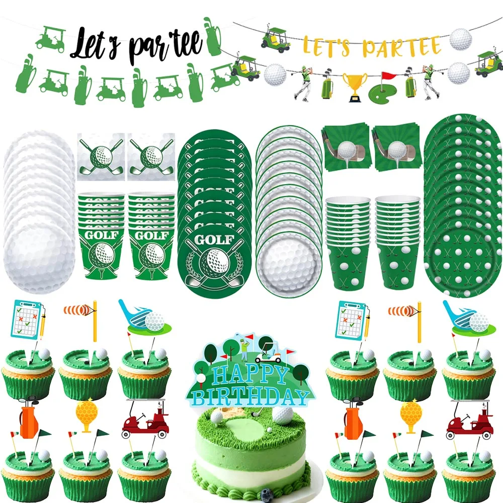 Golf-Geburtstagsparty-Dekorationsset, „Let's Party“-Banner, Luftballons, Tortenaufsatz, Einweggeschirr für Golf-Themenparty-Zubehör – Detail 1