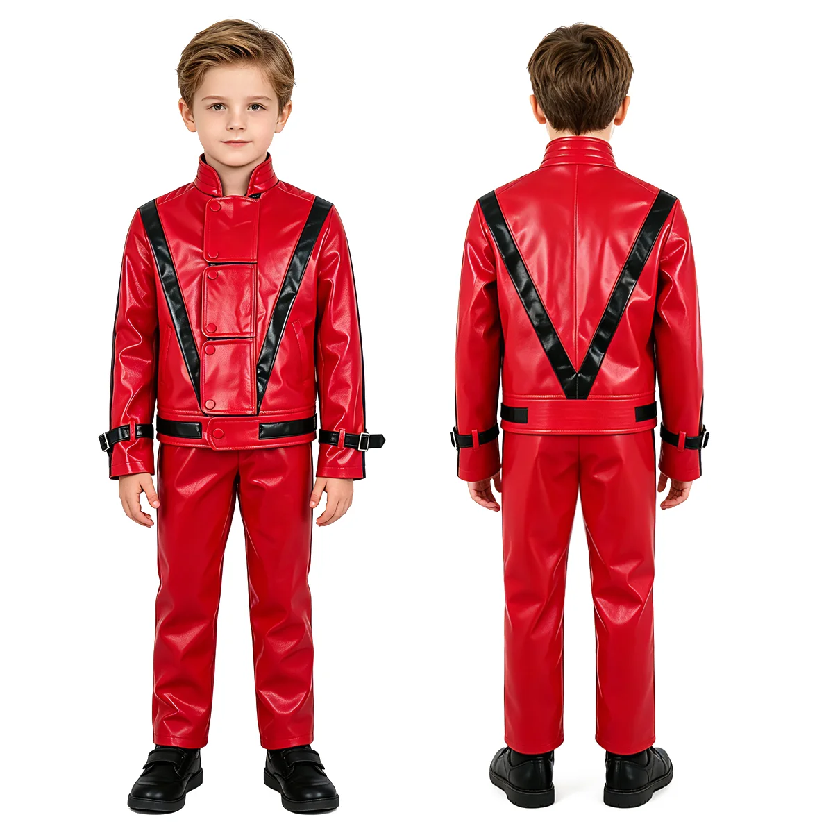 Kids Michael Jackson Cosplay Suit Boys Red PU Leather 2‑Pieces Outfit Halloween Party Stage Show Costume