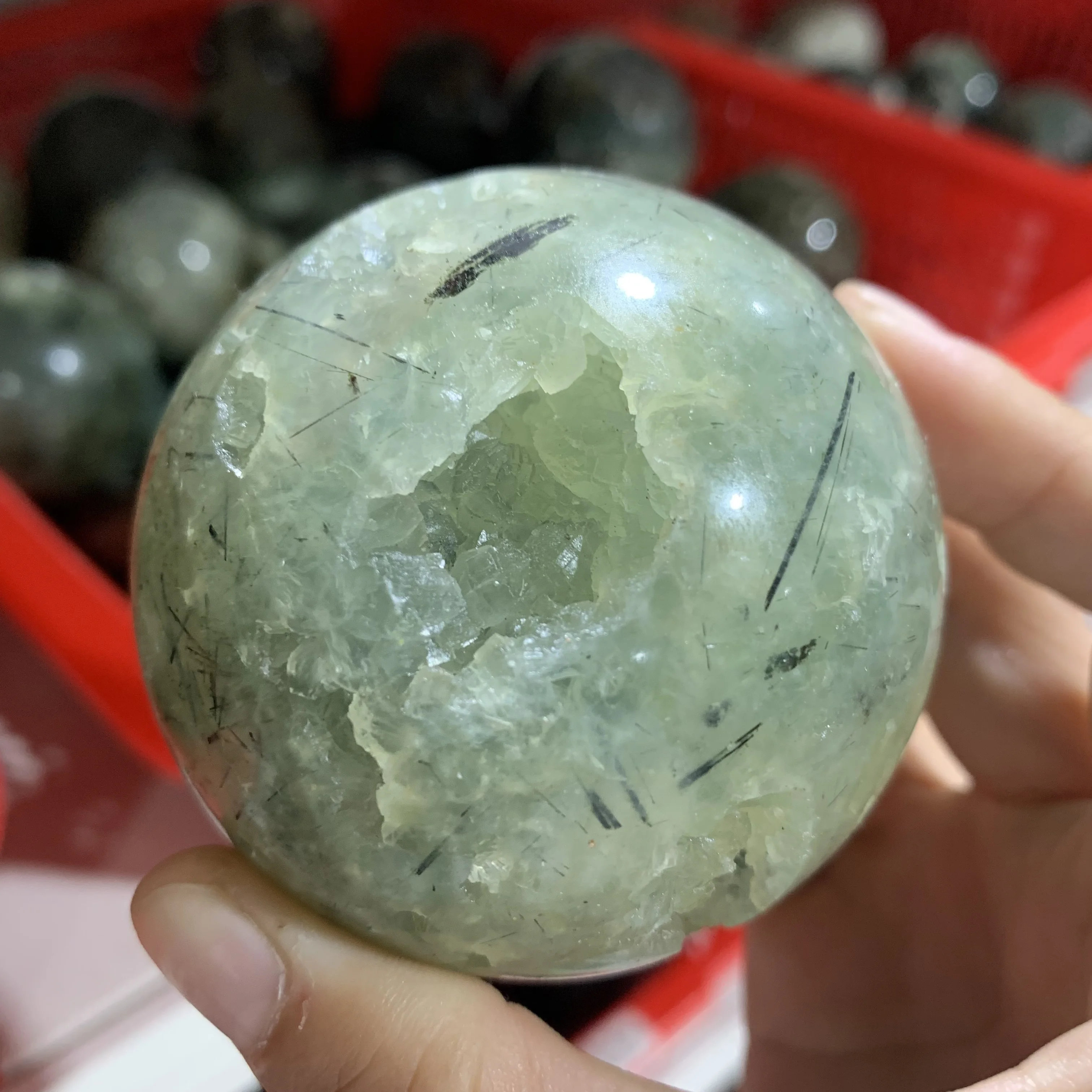 60~70mm Natural Prehnite Ball gemstone crystal Healing sphere with Stand Home Decor