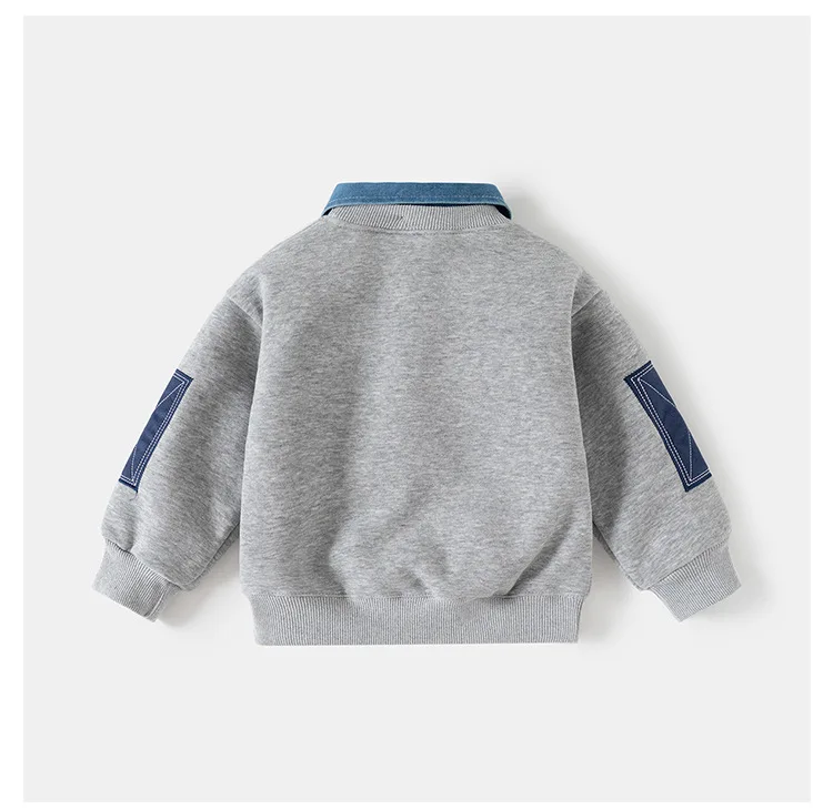 Herbst Winter Kinder Kleidung Jungen Layered Fleece Sweatshirt Denim Kragen Patch Tasche Warme Pullover Kinder Casual Top – Detail 4