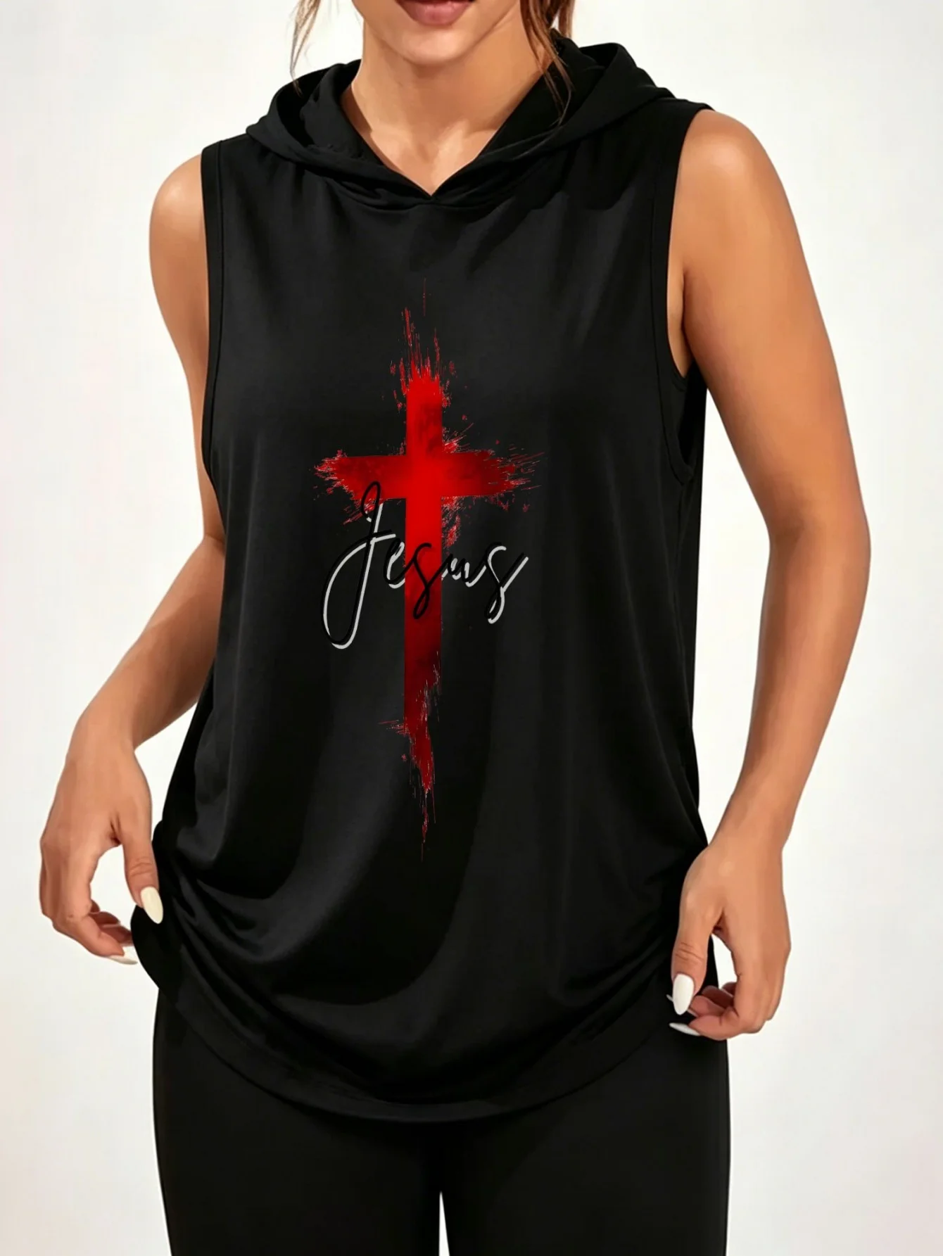 Unisex Jesus Red Cross Religious Print Sleeveless Hooded Tank Top Christian Faith Vintage Casual Hood Vest
