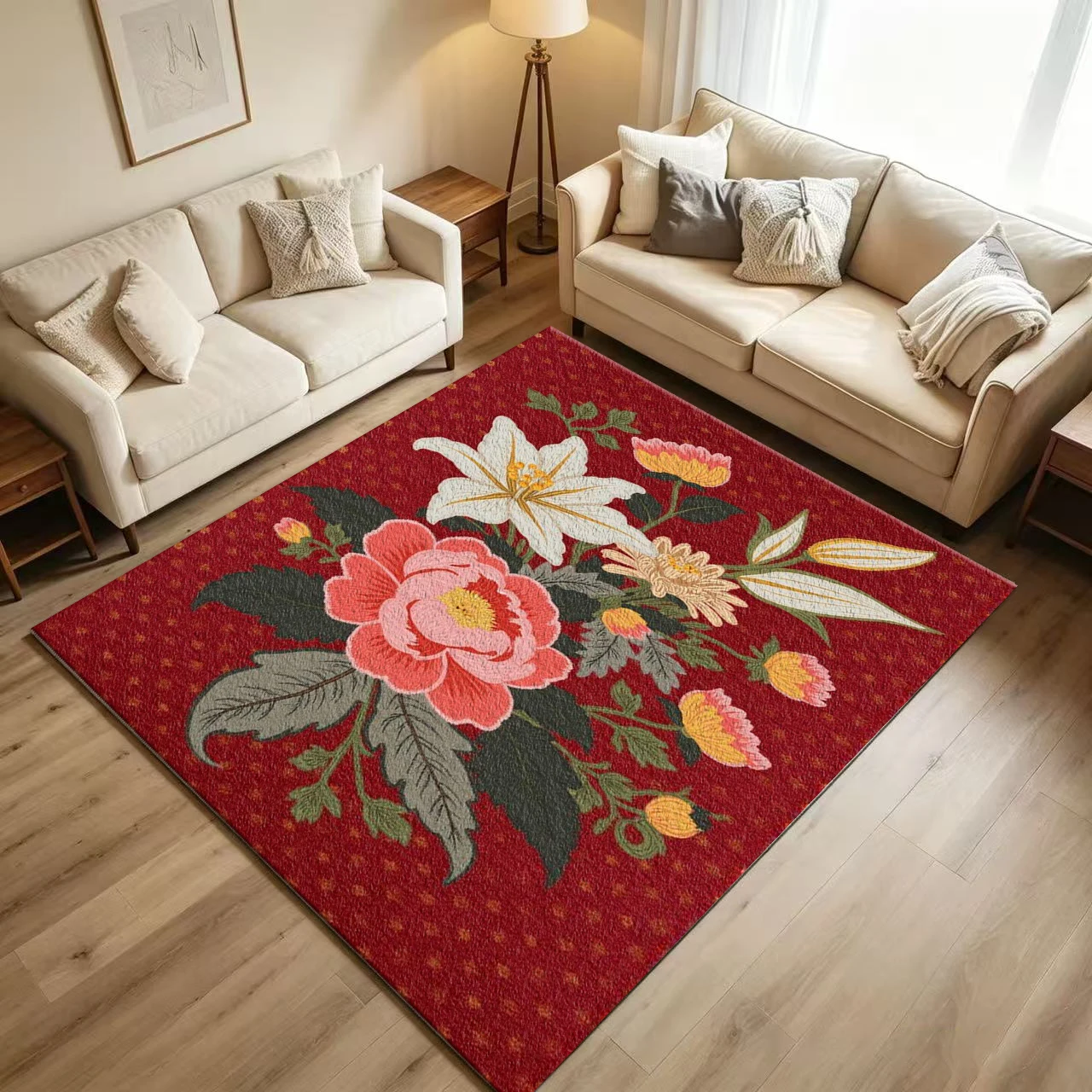 Vintage Peony Lily Floral Art Carpet Flooring Retro Botanical Printed Floor Rug for Home Living Space Interior Ornament