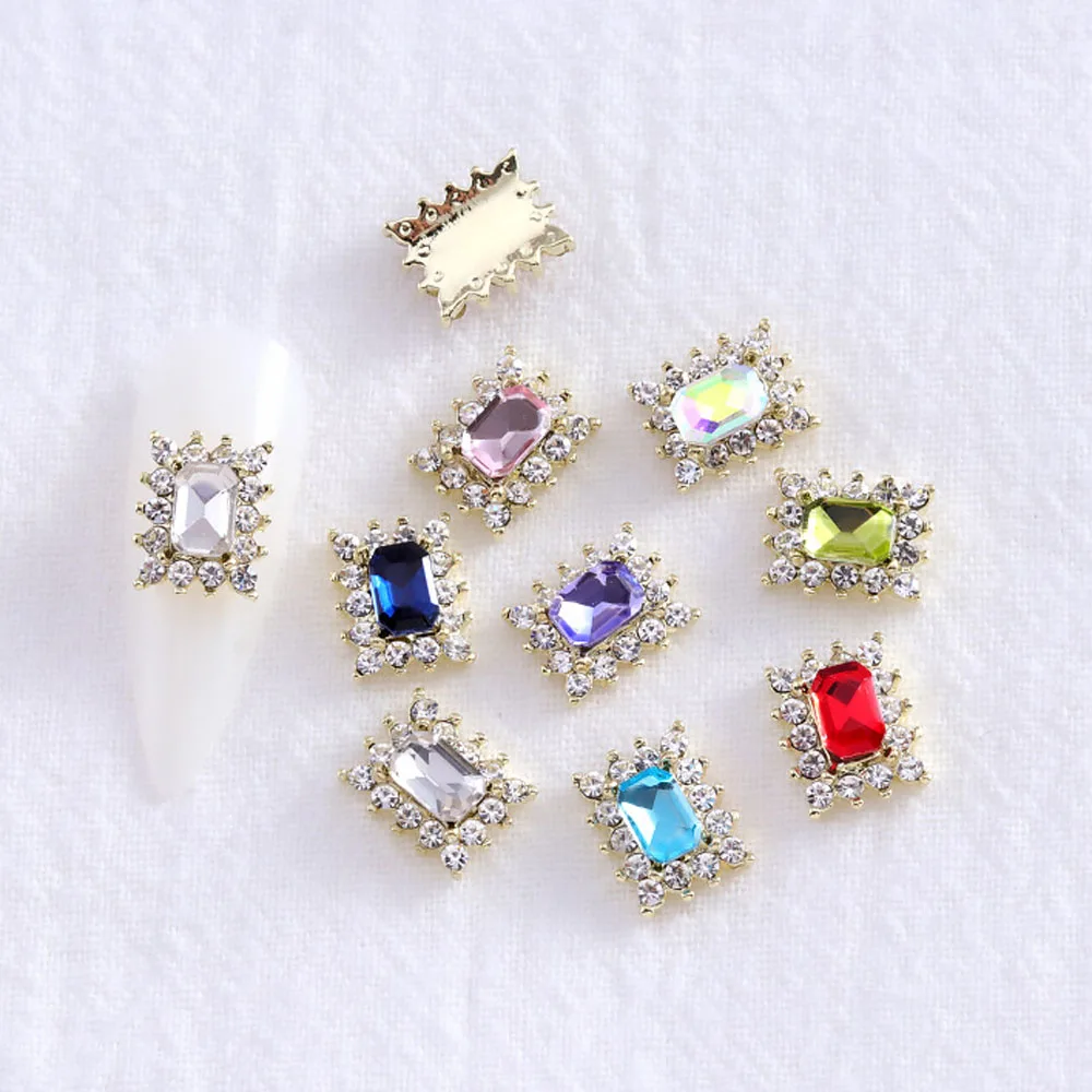 10PCS/Bag 3D Square Alloy Octagonal Gems Nail Art Charms Gold/Silver Rhinestone Flatback Crystal Colorful Diamond Decorations