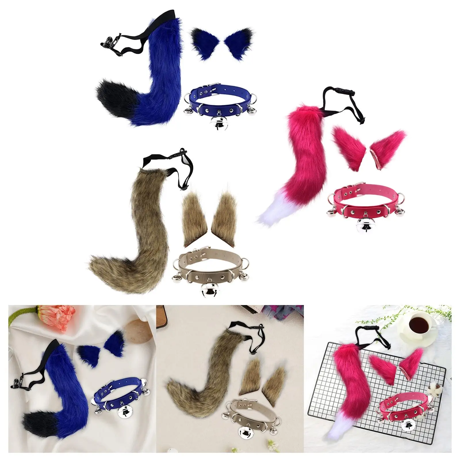 ハロウィーン用-動物耳と尻尾のヘッドピースセット。ベル付きの首輪が付いており、女性や女の子向けのコスプレ、パーティー、仮装、ロールプレイに最適なアクセサリー。