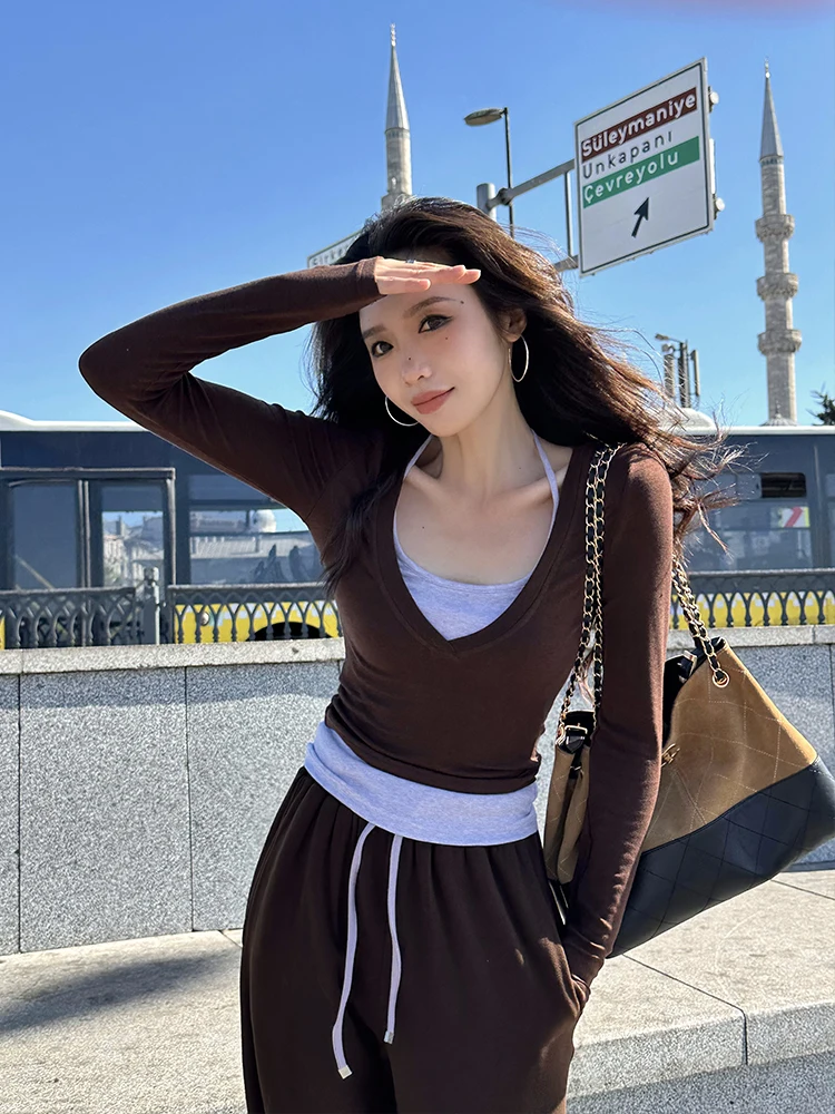 

ZQ Casual Sle Color Blo Camere Wool Knitted Vest Women's Tank Top Set ort Length V-Ne Long Sve Leisure Faion