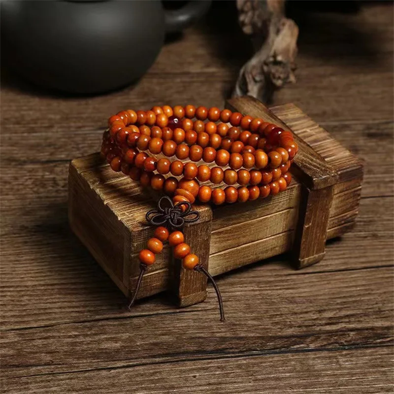 Natural Chinese Sandalwood 108 Prayer Beads Mala Bracelet Necklace 6mm Buddhist Buddha Rosary Elastic Wrist Jewelry Luck Amulet image 4