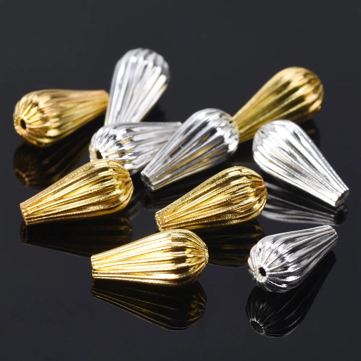 20pcs Plated Gold Color Silver Color 14x7mm Teardrop Hollow Plicated Metal Brass Loose Beads For Jewelry Making DIY Crafts