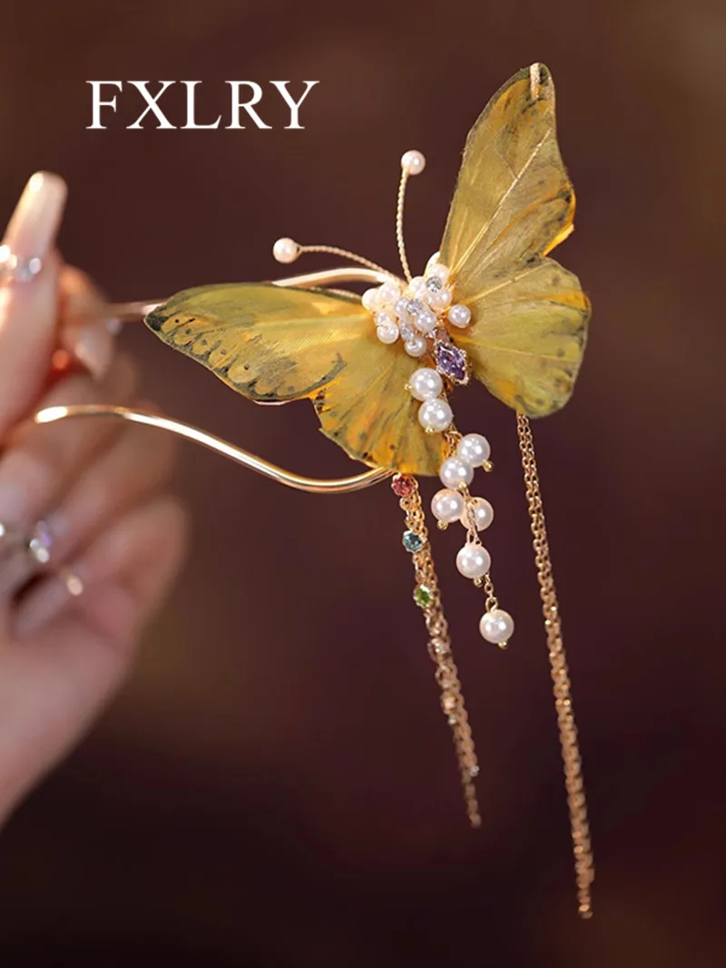 FXLRY Original Design Handmade Vintage Large butterfly Fringe U - Shaped Hairpin For Women