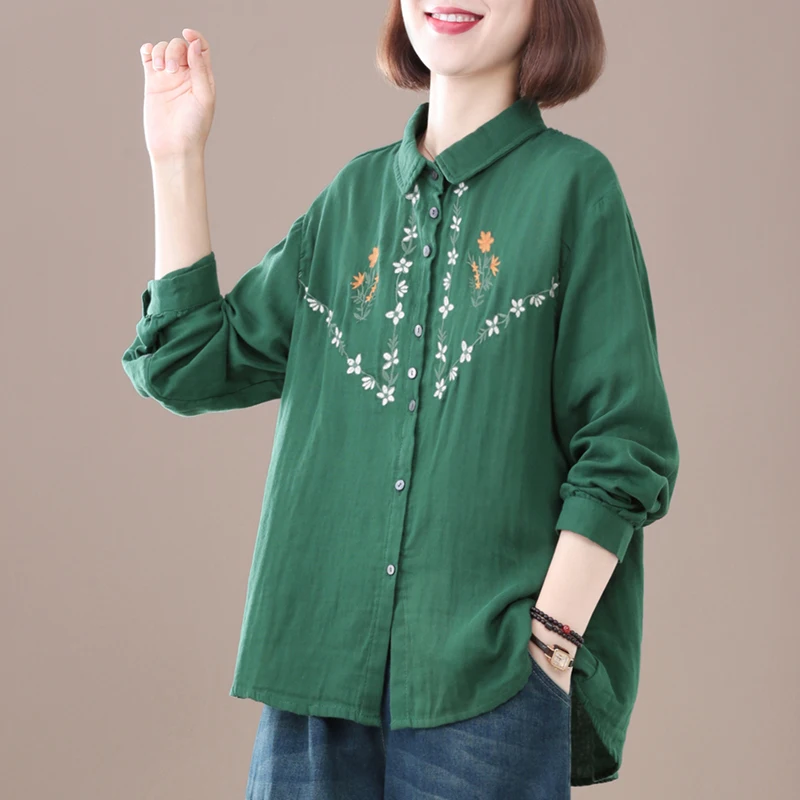 

Bust Floral Embroidery Sweet Shirt Women Spring Fall Fashion Japan Style Vintage High Quality Blouse Loose Casual Easy Match Top