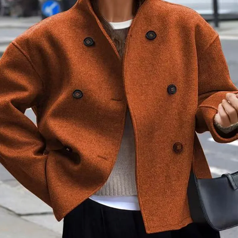 Women's Autumn Coat Retro Stand Up Collar Jackets Fashion Double-breasted Solid Jacket For Women Outerwear Winter Loose Jacket
