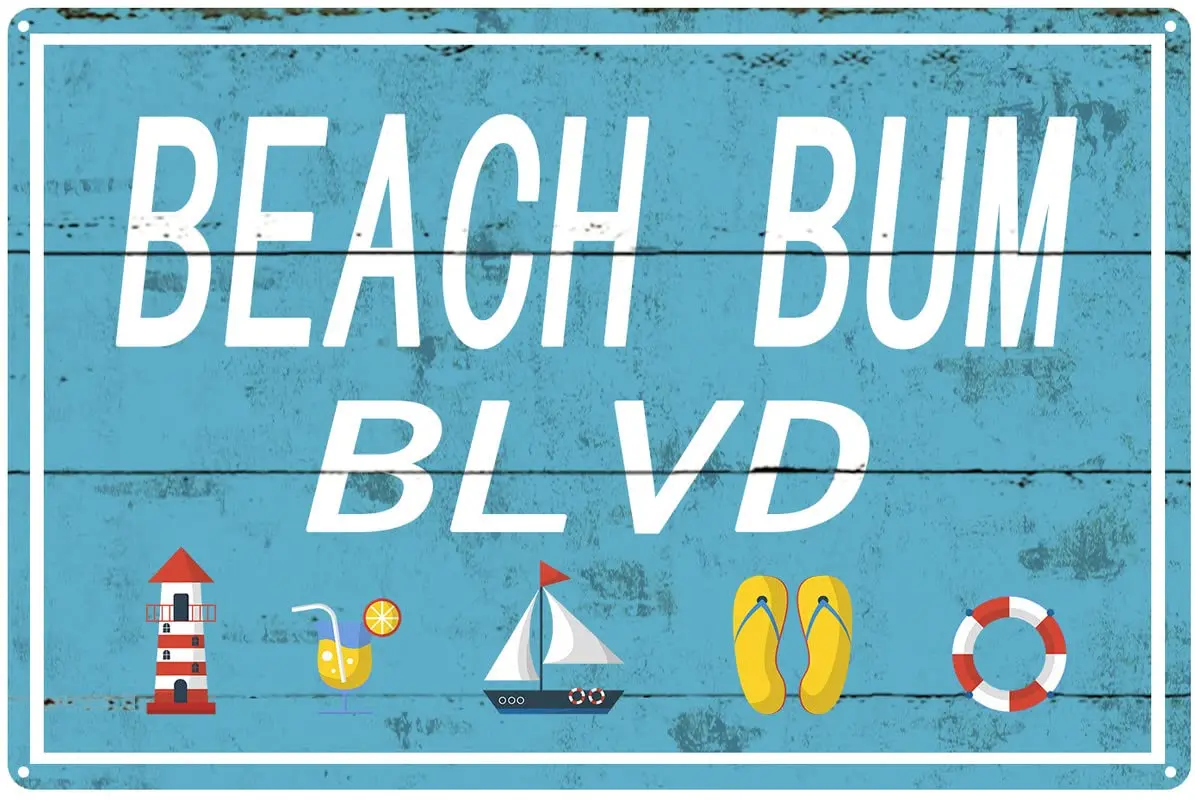 Beach Bum BLVD Metal Sign Vintage Rustic Lake Beach House Cottage Cabin Cave Wall Decor Beach Sign 12x8 Inch