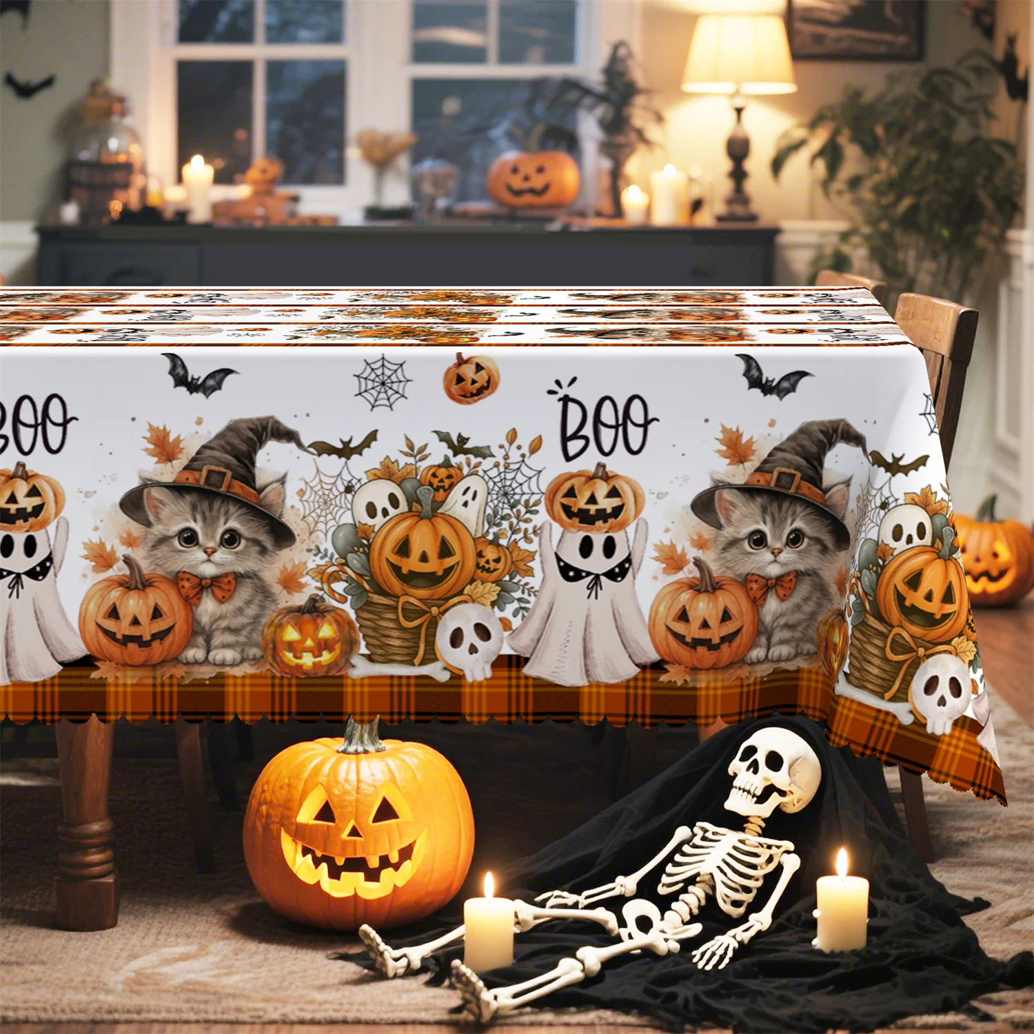 Jack-o'-Lantern puppet, cat witch hat, basket with twigs, Halloween tablecloth, suitable for rectangular shapezyc