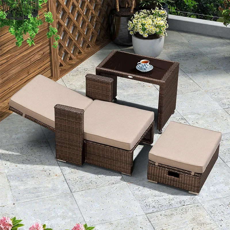 

Balcony rattan chair multi-functional lazy recliner creative single sofa folding table and chair combination