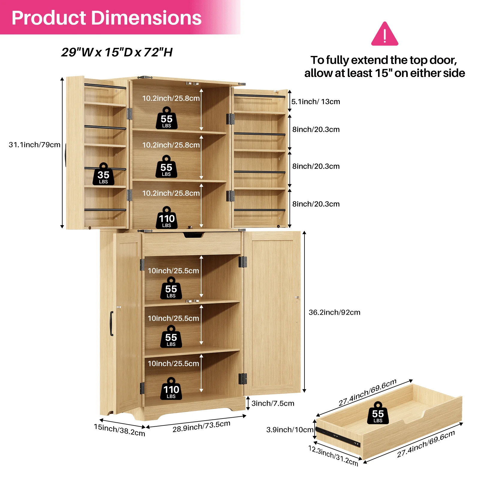 خزانة تخزين بمخزن المطبخ Redlife ، خزانة مزرعة مع 8 أرفف ، تخزين كبير لغرفة الطعام ، 4 أبواب من الروطان ، 72 في #6