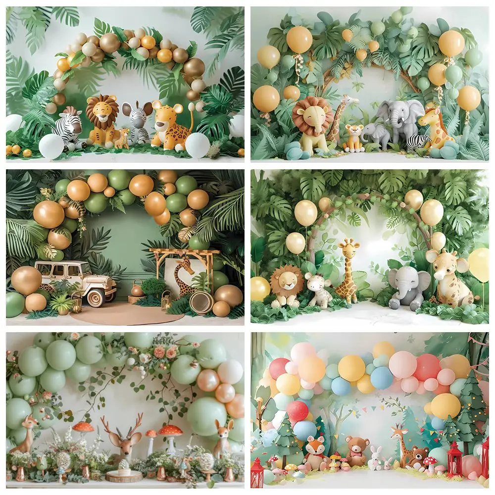 

Safari Jungle Animals Balloons Baby 1st Birthday Backdrop Baby Shower Cake Smash Party Photography Background Photo Studio Props