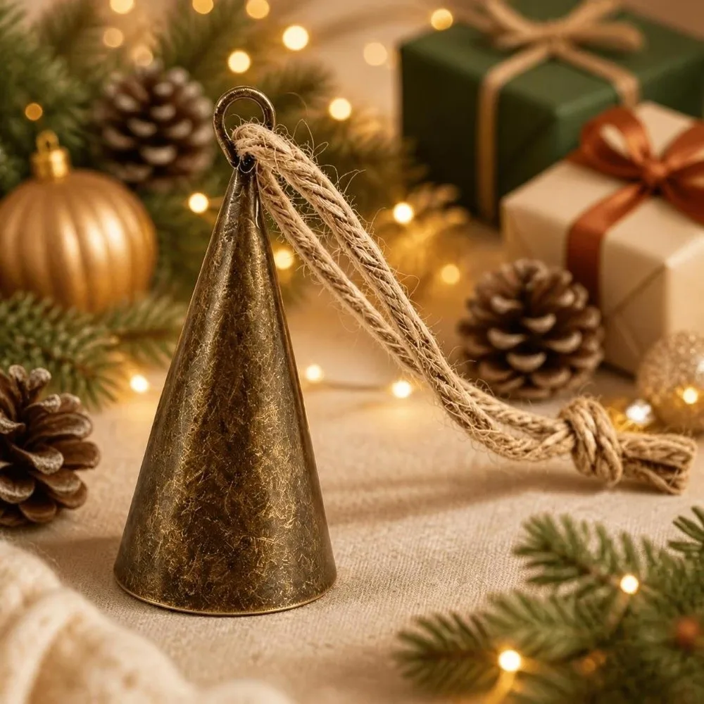 New Hangable Christmas Cone Metal Bell Antique Finished Hollow Hanging Bell Conical Durable Craft Bell Festival Ornament